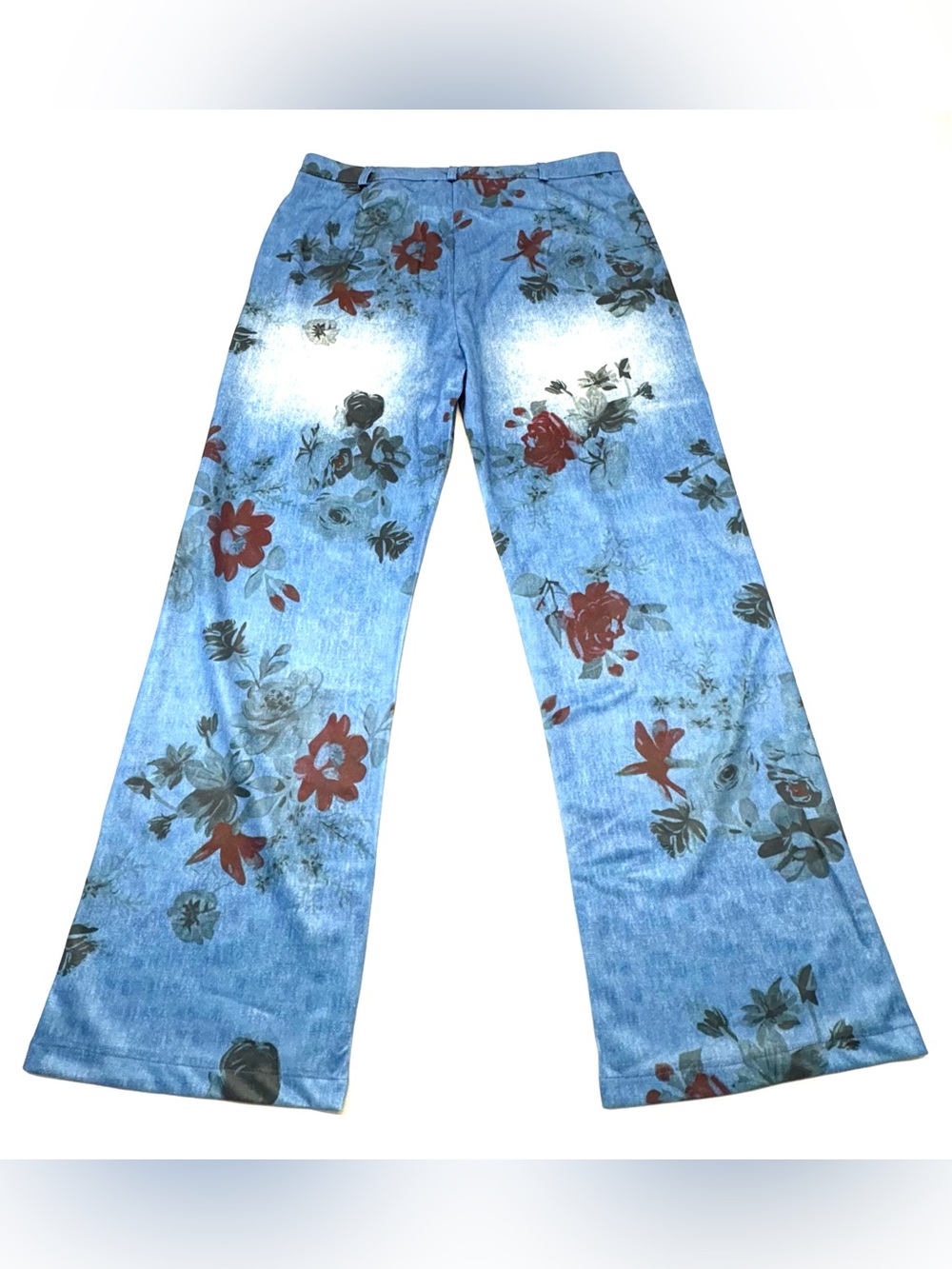 High Waisted Floral Wide Leg Polyester Faux Denim Pants XL